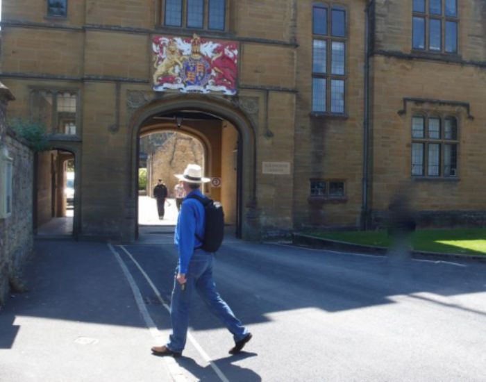 Passing the entrance to Sherborne school